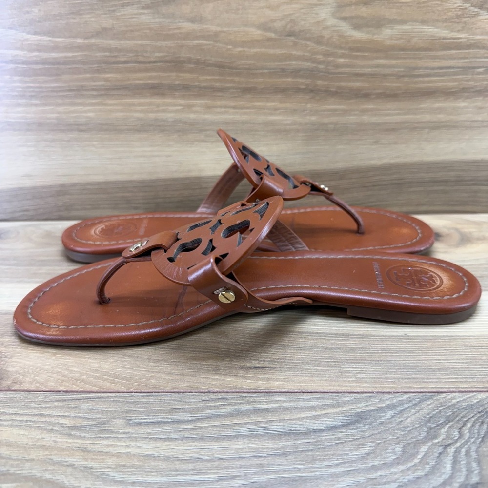 Tory Burch Miller Royal Tan Sandals 9 M Leather Flip Flops Vacation Resort - Picture 6 of 10